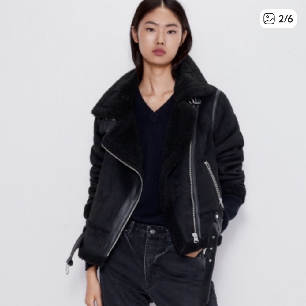 Zara Black Moto Shearling Jacket